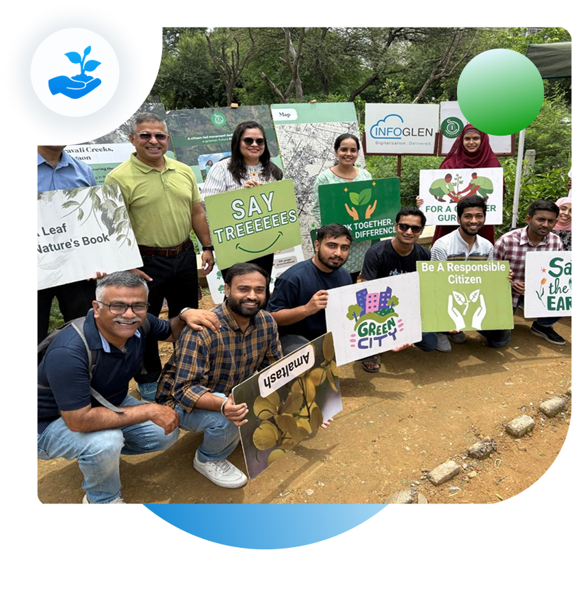 Infoglen GreenGlen: Employees holding sustainability signs for our climate action initiative and sustainable future.