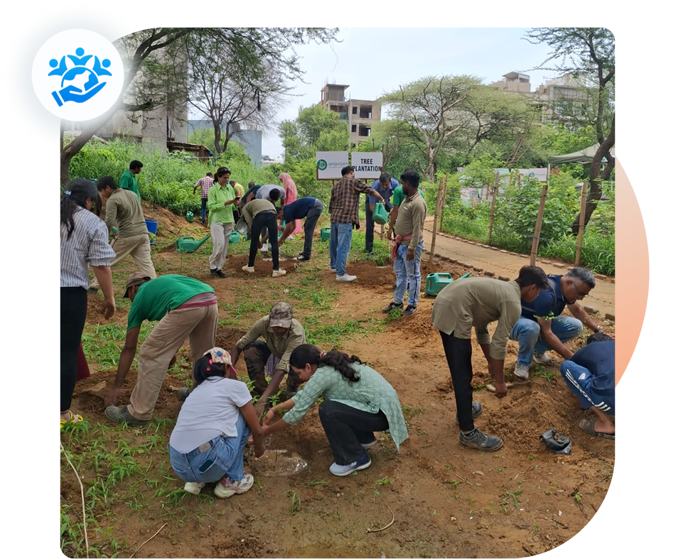 Infoglen Sustainability Pledge: Team members planting trees, representing our commitment to a healthy planet.