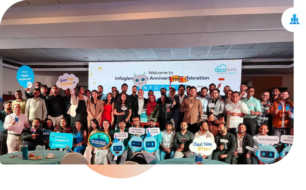 Infoglen Careers: Team members collaborating in an office, representing our growth-focused culture and employee benefits.